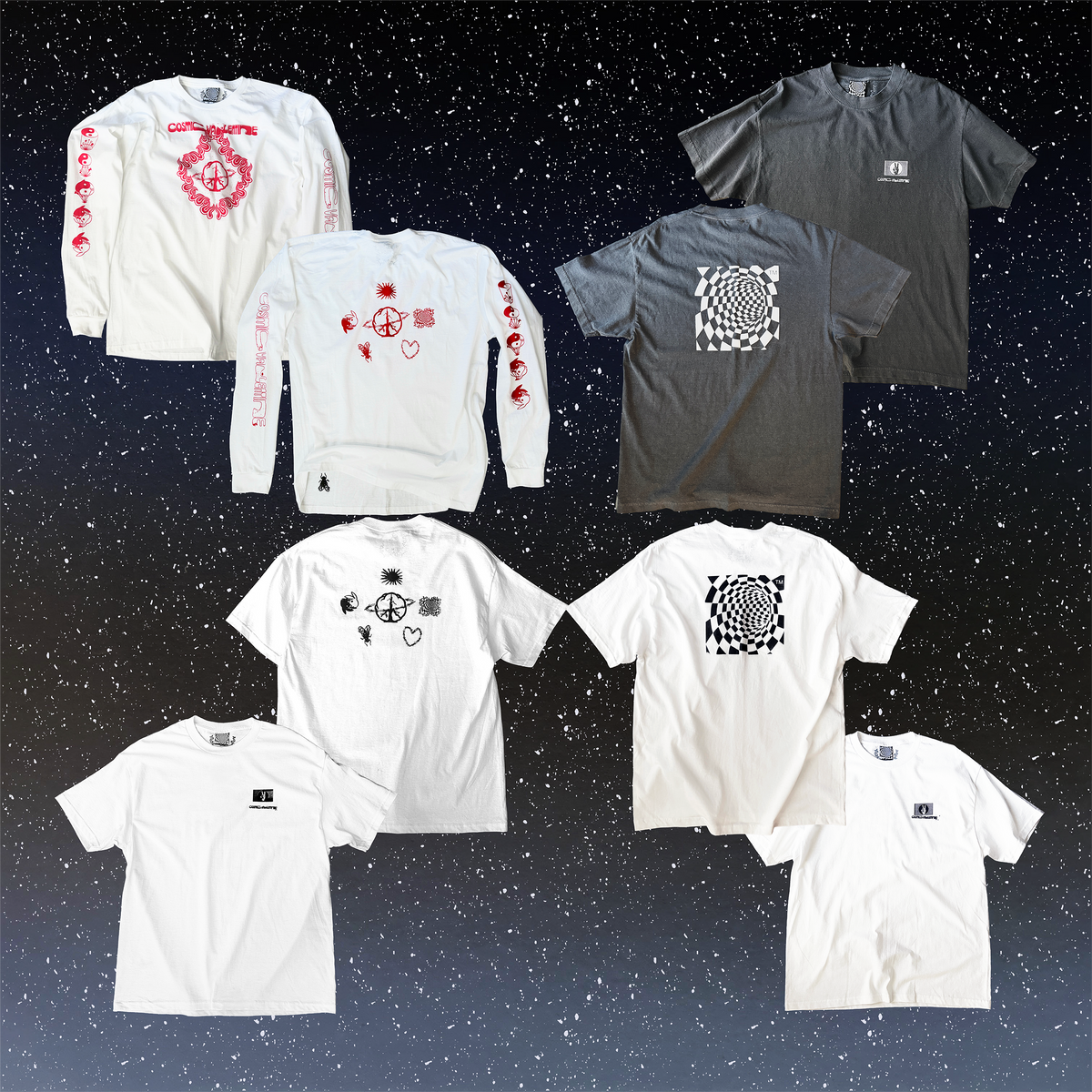 Cosmic Valentine tees on a starry backdrop: white Orbits long and short sleeves, plus white and gray checkered-print tees