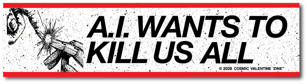 A.I. Wants to Kill Us All sticker art: hand with a sparking finger, bold black text, red border