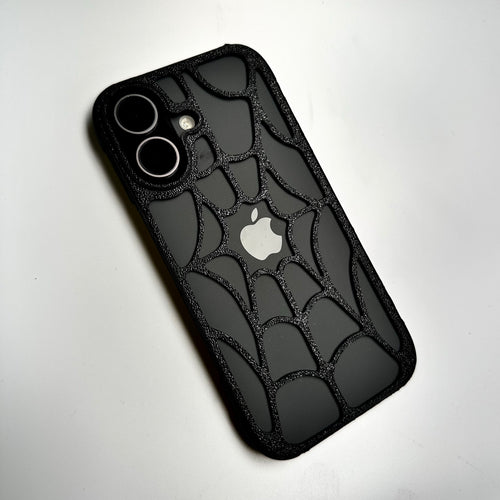 Black spiderweb snap case on an iPhone, back view with the Apple logo showing through the web