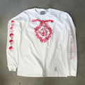 White Orbits long sleeve tee laid flat, red Cosmic Valentine wordmark and peace-sign flame graphic, red text on both sleeves