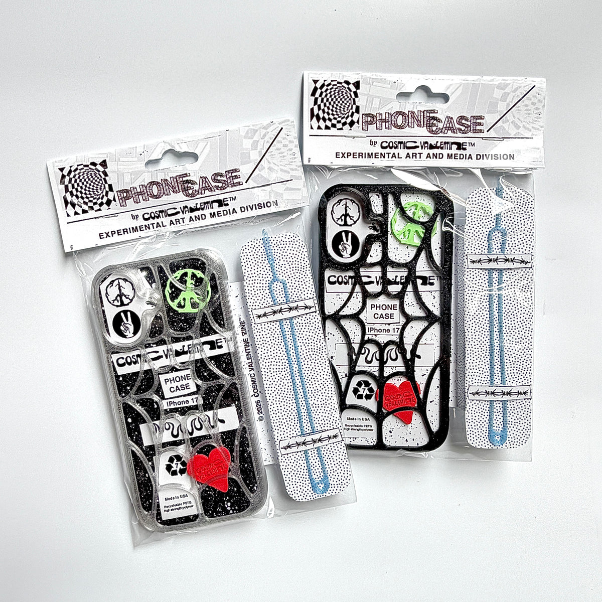 Clear and black spiderweb iPhone cases in Cosmic Valentine hang-tag packaging with blue wrist tethers