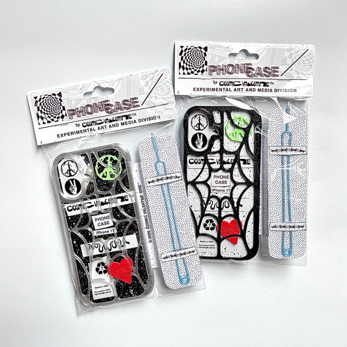 Clear and black spiderweb iPhone cases in Cosmic Valentine hang-tag packaging with blue wrist tethers