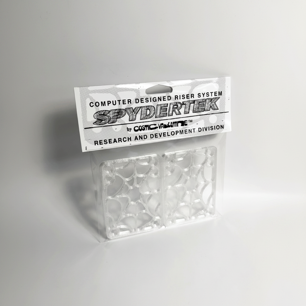 Two clear SPYDERTEK riser pads in a resealable bag with a "Computer Designed Riser System" header card, on gray