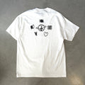 White short-sleeve t-shirt with black graphic designs, including a sun, heart, and abstract shapes, on the back.